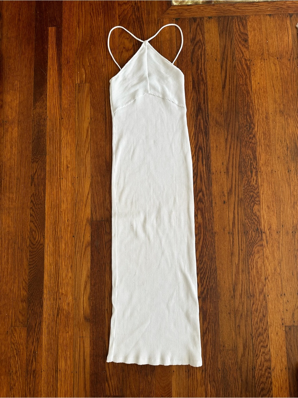 Zara White Ribbed Maxi Slip Dress with Spaghetti Straps